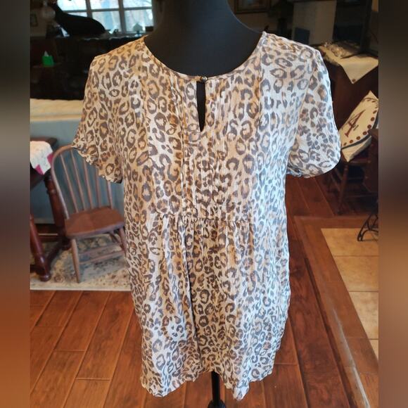 Christopher & Banks baby doll brown leopard print short sleeved top size M - Picture 1 of 6